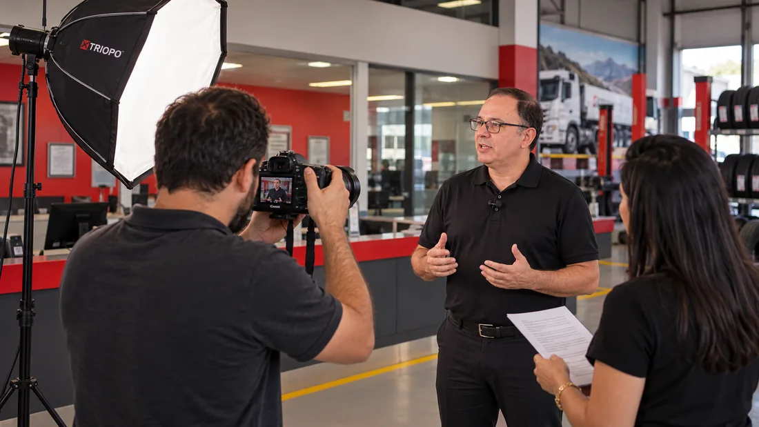 Gravação de entrevista em loja de pneus